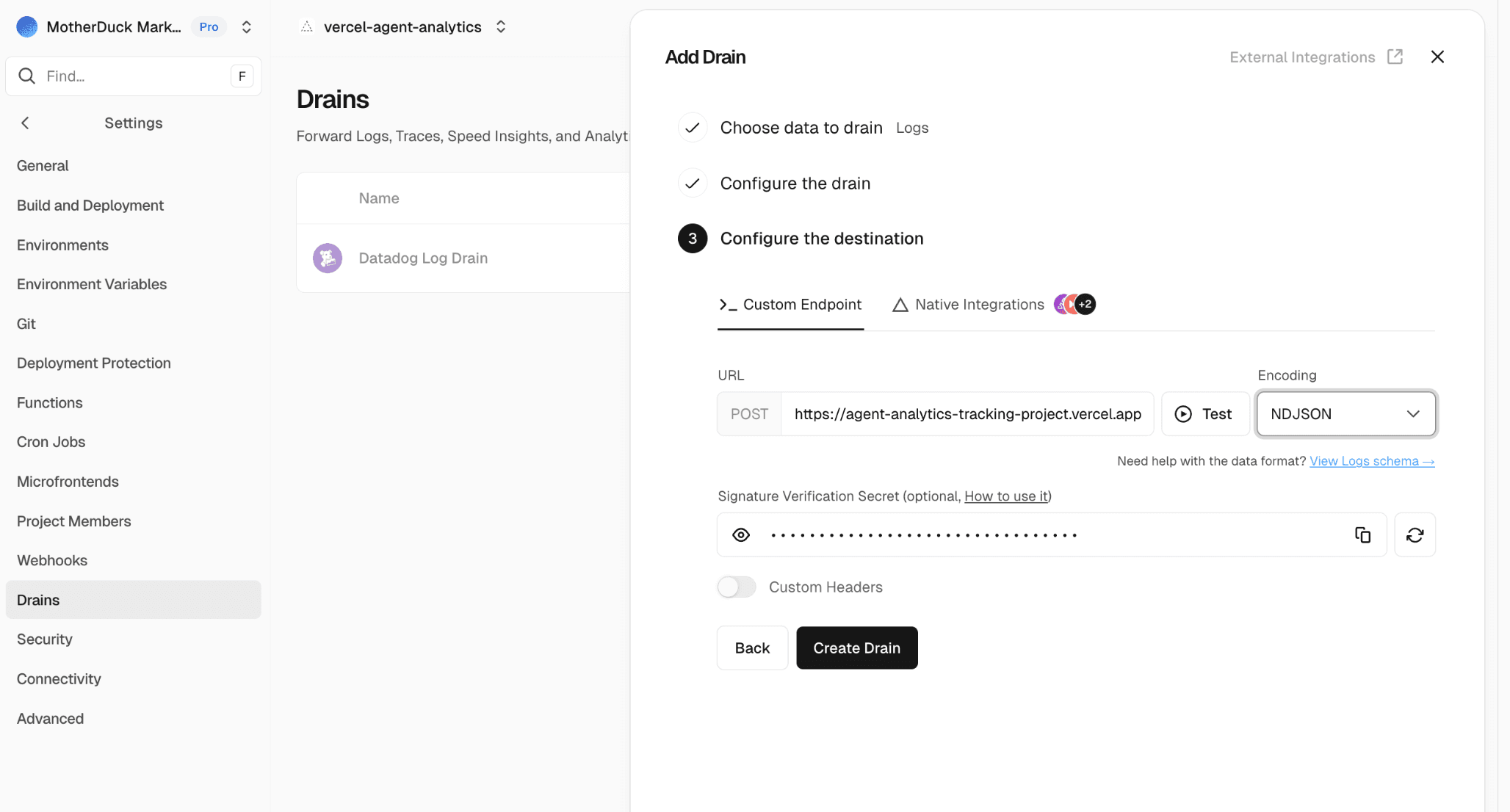 Configuring the drain destination, NDJSON encoding and signing secret