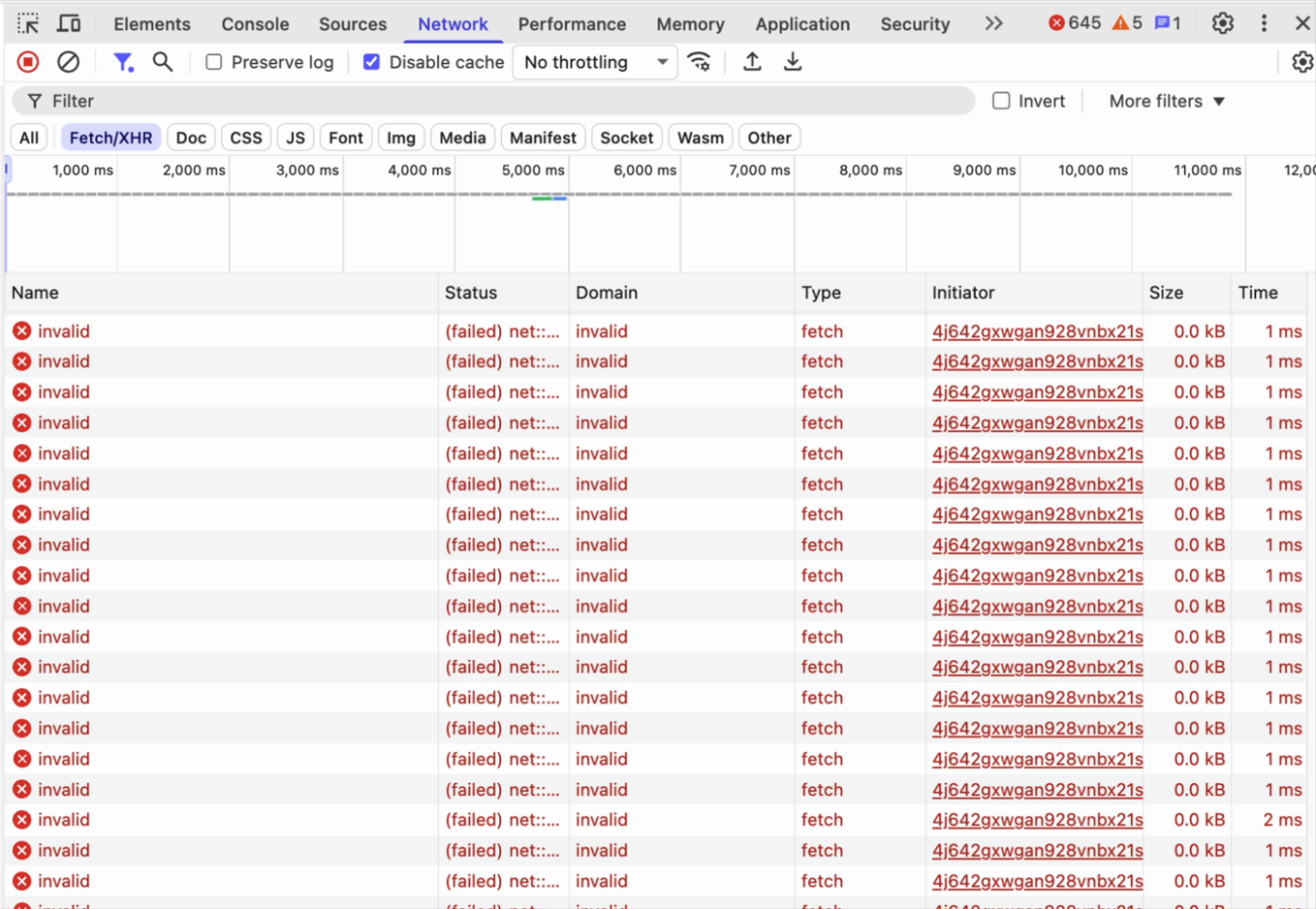 Chrome DevTools network panel filled with failed fetch requests, all from the same initiator script